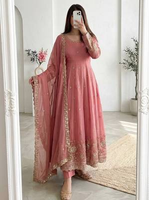 peach embroidered anarkali suit with dupatta 1