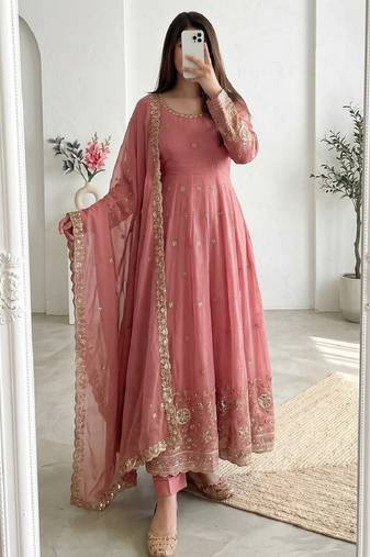 peach embroidered anarkali suit with dupatta