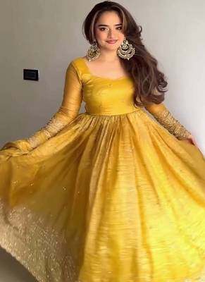 mustard yellow solid silk anarkali suit with dupatta 1
