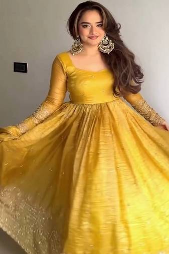  mustard yellow solid silk anarkali suit with dupatta