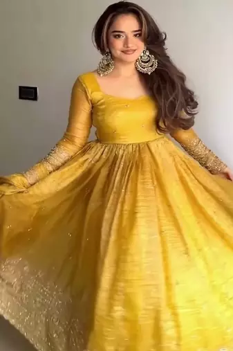  mustard yellow solid silk anarkali suit with dupatta