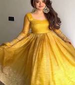  mustard yellow solid silk anarkali suit with dupatta