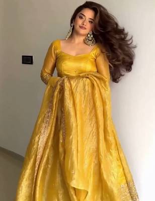  mustard yellow solid silk anarkali suit with dupatta 4