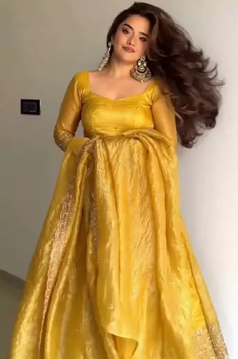  mustard yellow solid silk anarkali suit with dupatta