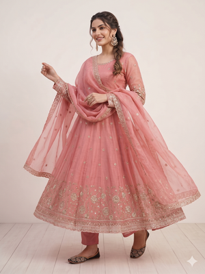 peach embroidered anarkali suit with dupatta 2