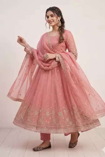 peach embroidered anarkali suit with dupatta