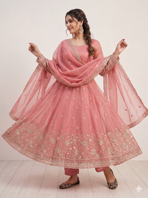 peach embroidered anarkali suit with dupatta 3