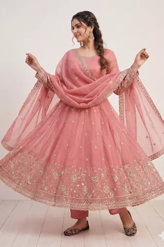 peach embroidered anarkali suit with dupatta