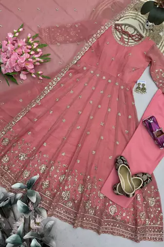 peach embroidered anarkali suit with dupatta
