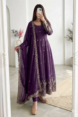 purple embroidered anarkali suit with dupatta 1
