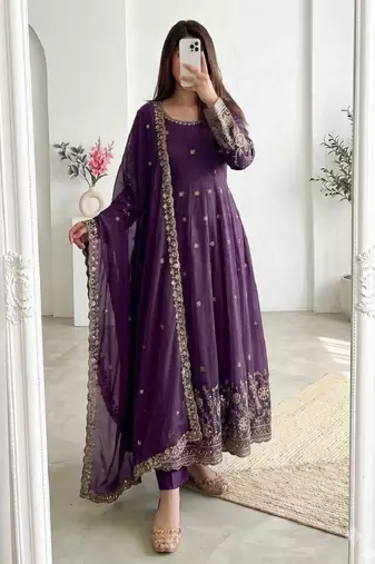 purple embroidered anarkali suit with dupatta