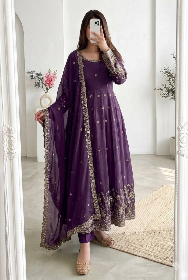 purple embroidered anarkali suit with dupatta
