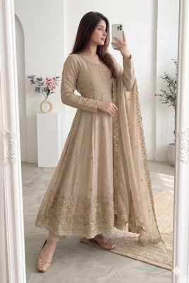 cream embroidered anarkali suit with dupatta 4