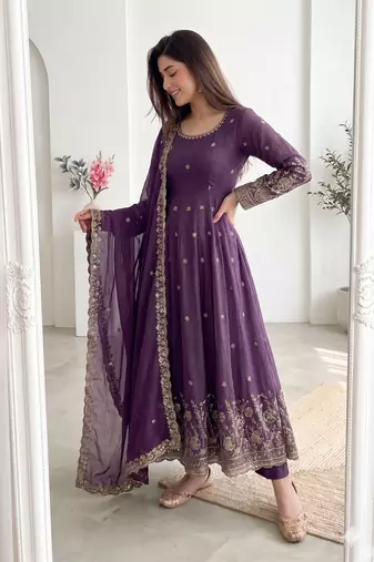 purple embroidered anarkali suit with dupatta