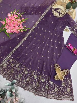 purple embroidered anarkali suit with dupatta 4
