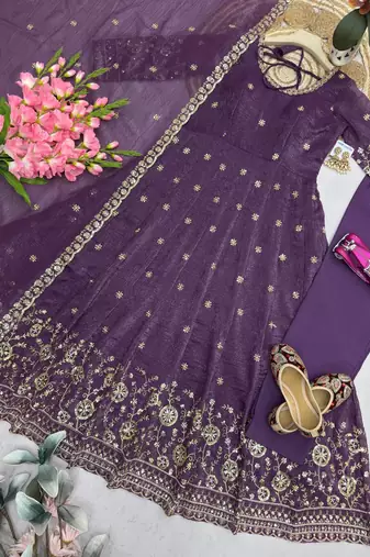 purple embroidered anarkali suit with dupatta