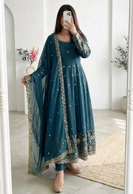 teal embroidered anarkali suit with dupatta 1