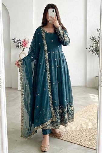 teal embroidered anarkali suit with dupatta