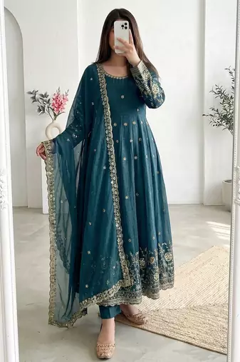 teal embroidered anarkali suit with dupatta