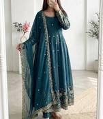 teal embroidered anarkali suit with dupatta
