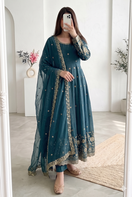 teal embroidered anarkali suit with dupatta 2