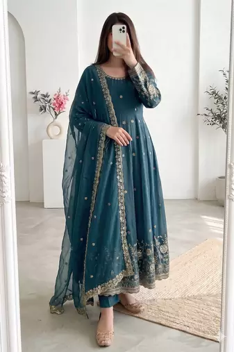 teal embroidered anarkali suit with dupatta