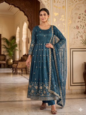 teal embroidered anarkali suit with dupatta 3