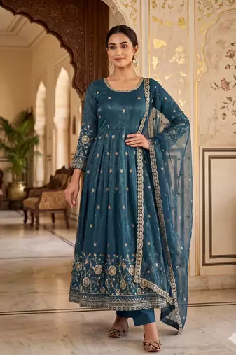 teal embroidered anarkali suit with dupatta