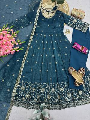 teal embroidered anarkali suit with dupatta 4