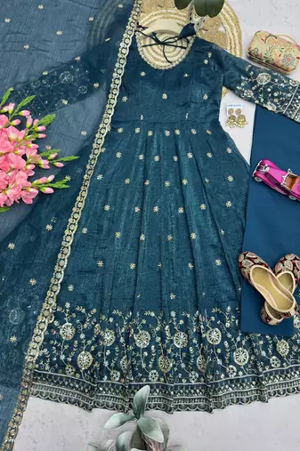 teal embroidered anarkali suit with dupatta