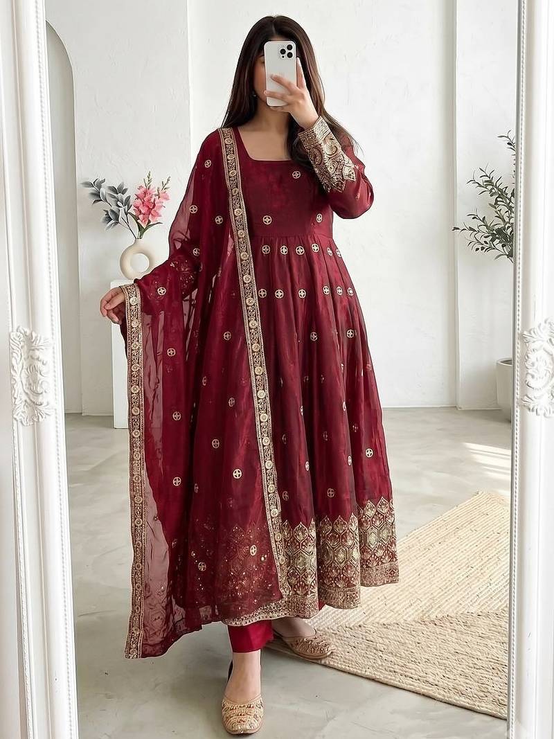  maroon festive anarkali suit for women