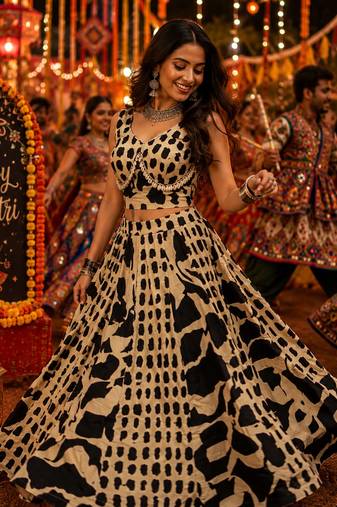 Beige Navratri Rayon Cotton Lehenga Choli with Real Kodi Work