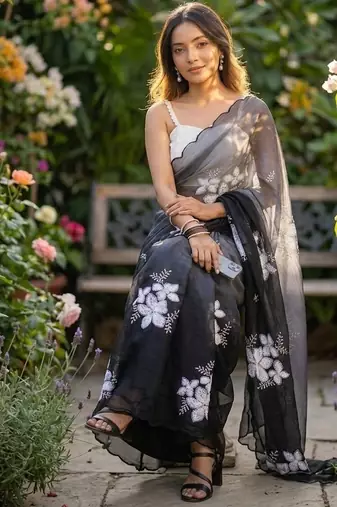 Grey shaded burberry jimmy choo saree with dual sequence work