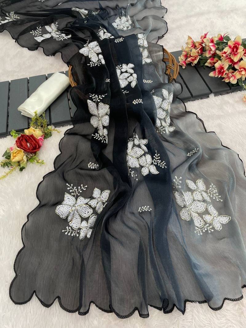 Grey shaded burberry jimmy choo saree with dual sequence work