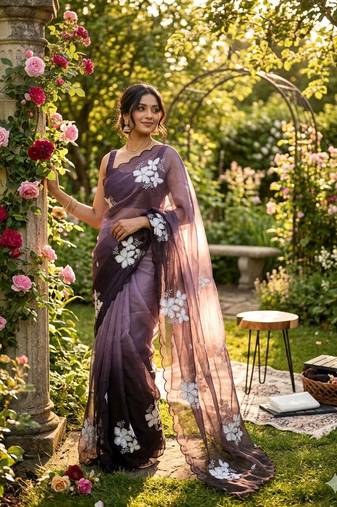 Mauve shaded burberry jimmy choo saree with dual sequence work