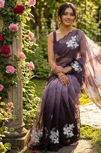Mauve shaded burberry jimmy choo saree with dual sequence work
