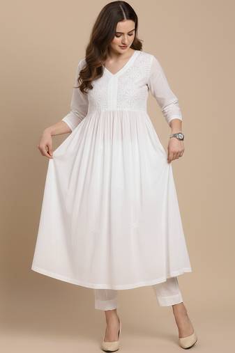 Women's white cotton handcrafted  chikankari flared kurta with embroidered yoke and 3/4 sleeves
