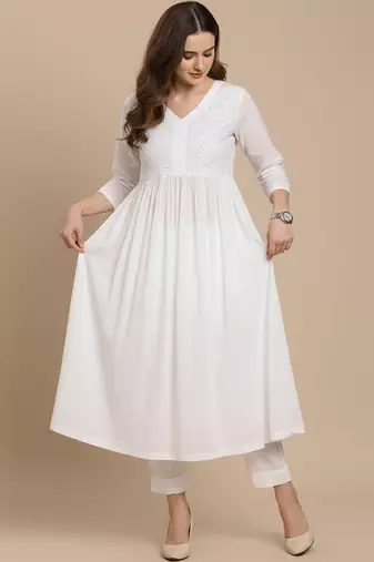 Women's white cotton handcrafted  chikankari flared kurta with embroidered yoke and 3/4 sleeves