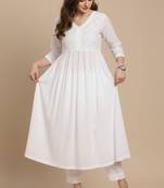 Women's white cotton handcrafted  chikankari flared kurta with embroidered yoke and 3/4 sleeves