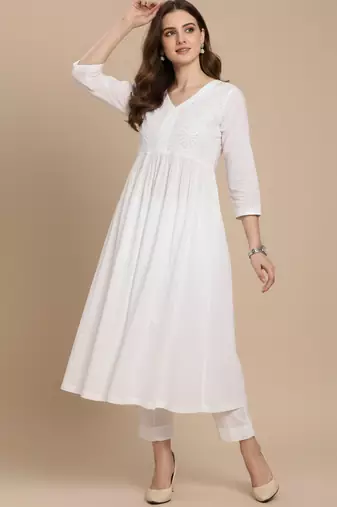 Women's white cotton handcrafted  chikankari flared kurta with embroidered yoke and 3/4 sleeves