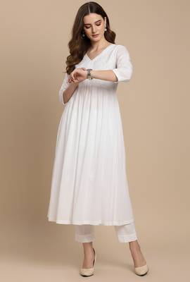 Women's white cotton handcrafted  chikankari flared kurta with embroidered yoke and 3/4 sleeves 4