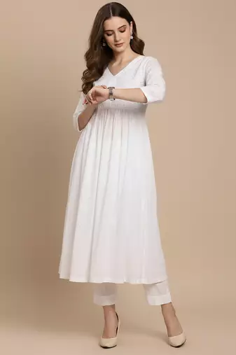 Women's white cotton handcrafted  chikankari flared kurta with embroidered yoke and 3/4 sleeves