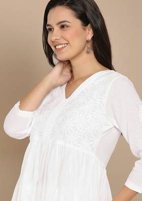 Women's white cotton handcrafted  chikankari flared kurta with embroidered yoke and 3/4 sleeves 5