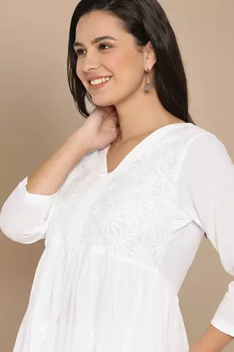 Women's white cotton handcrafted  chikankari flared kurta with embroidered yoke and 3/4 sleeves