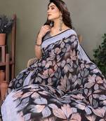Black Color Printed Chiffon Saree