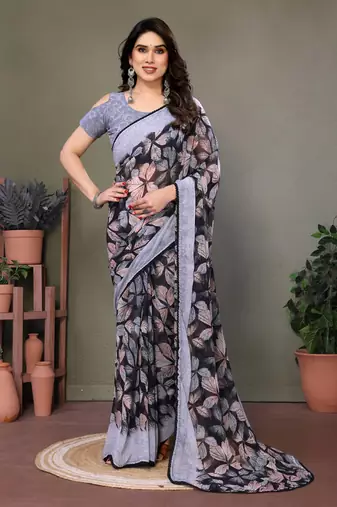 Black Color Printed Chiffon Saree