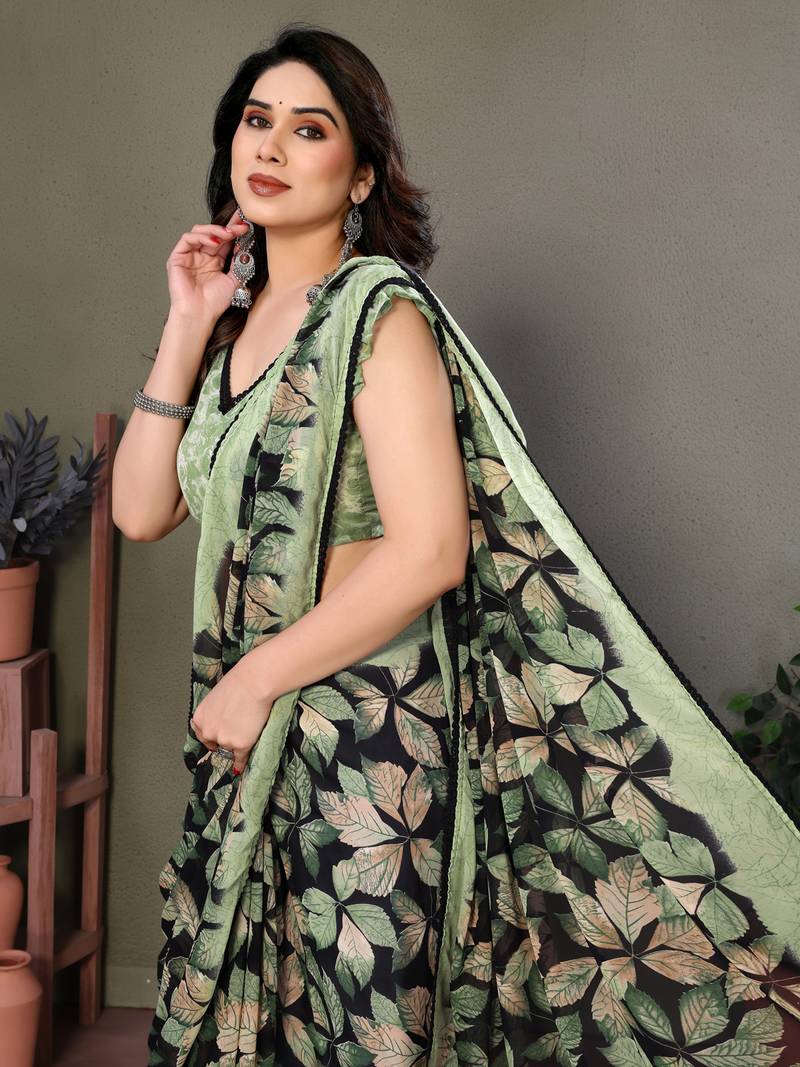 Light Green Color Printed Chiffon Saree