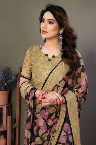 Light Mustard Color Printed Chiffon Saree