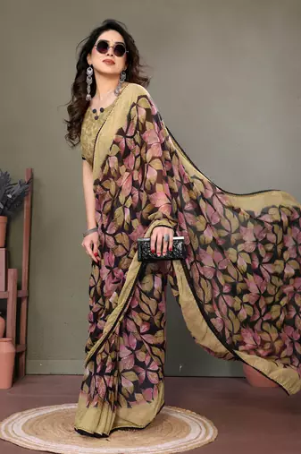 Light Mustard Color Printed Chiffon Saree