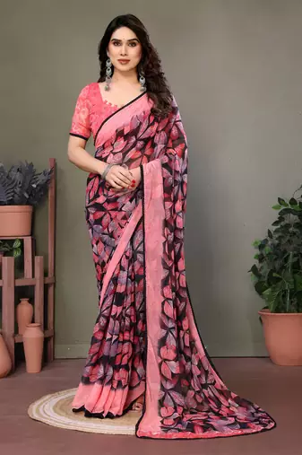 Light Pink Color Printed Chiffon Saree